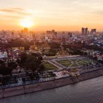 Top view of Cambodia’s capital Phnom Penh during evening sunset.